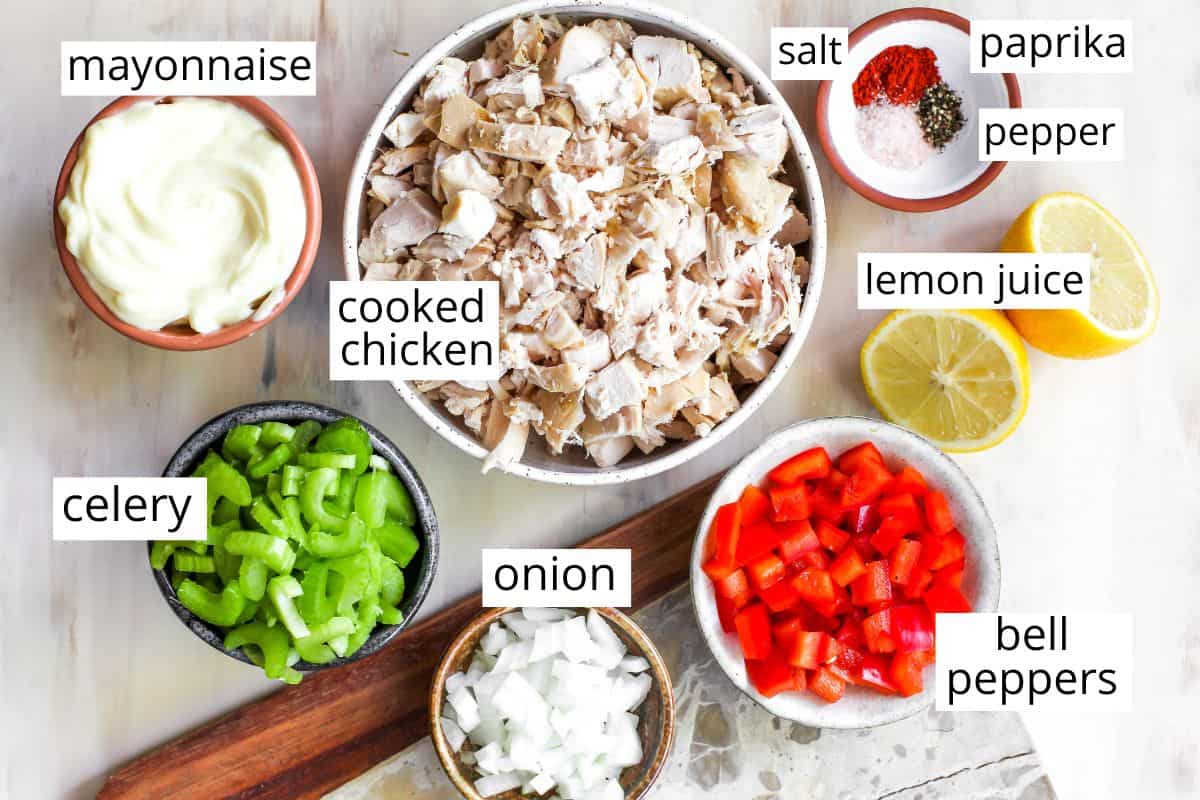Overhead photo of the labeled ingredients in this chicken salad recipe