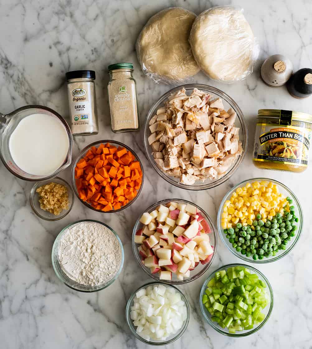 overhead photo of the ingredients in this chicken pot pie recipe