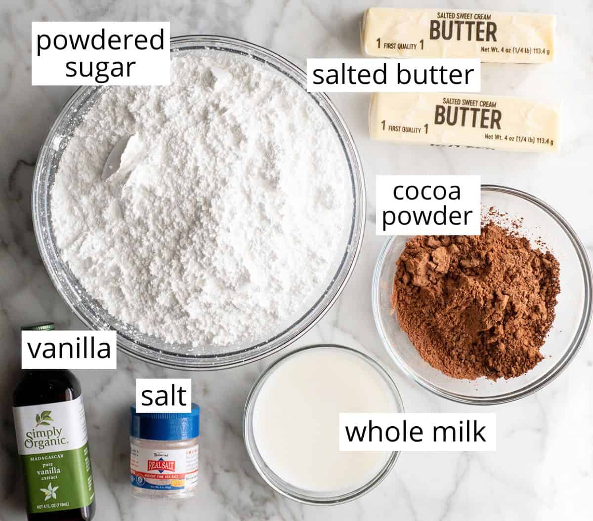 overhead photo of the labeled ingredients in this chocolate frosting recipe