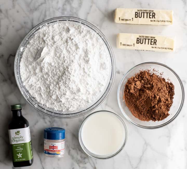 overhead photo of the ingredients in this chocolate frosting recipe