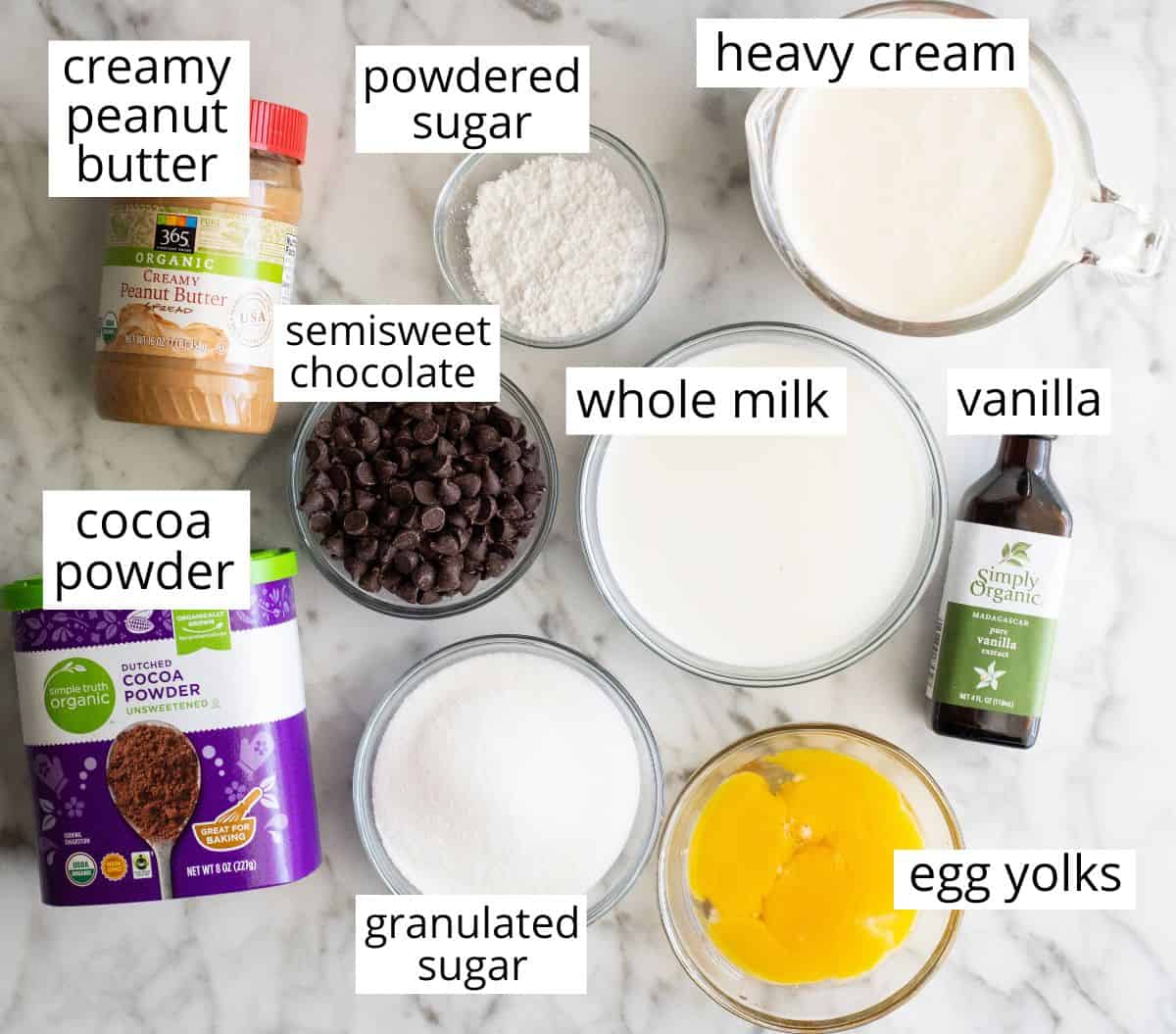 overhead view of the labeled ingredients in this Homemade Chocolate Peanut Butter Ice Cream recipe