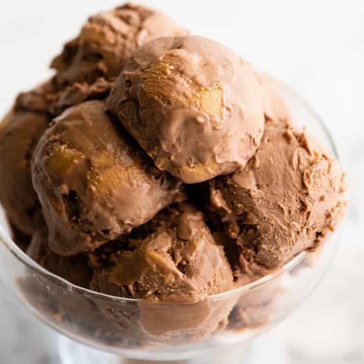 a dish of many scoops of Homemade Chocolate Peanut Butter Ice Cream 