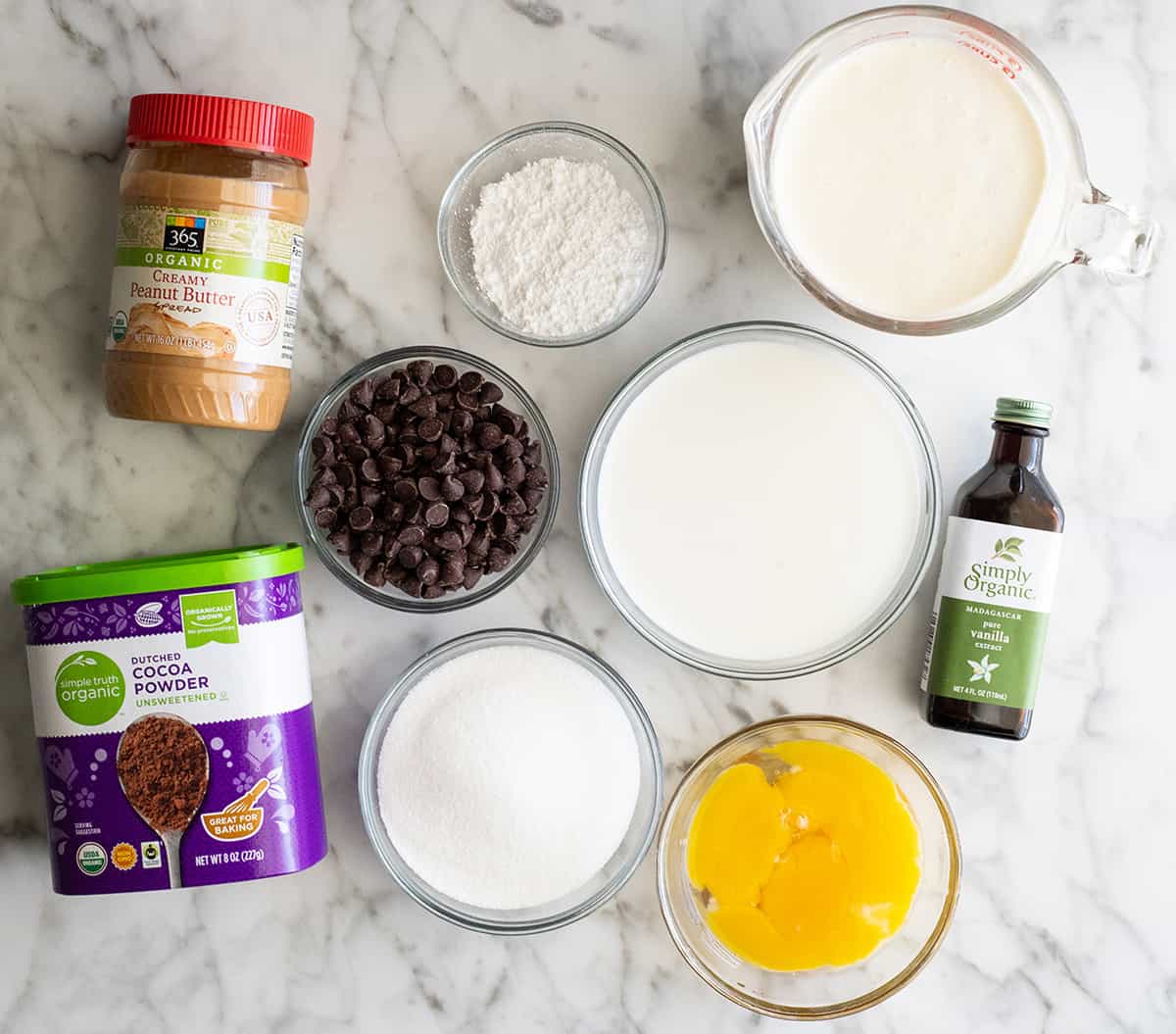 overhead view of the ingredients in this Homemade Chocolate Peanut Butter Ice Cream recipe