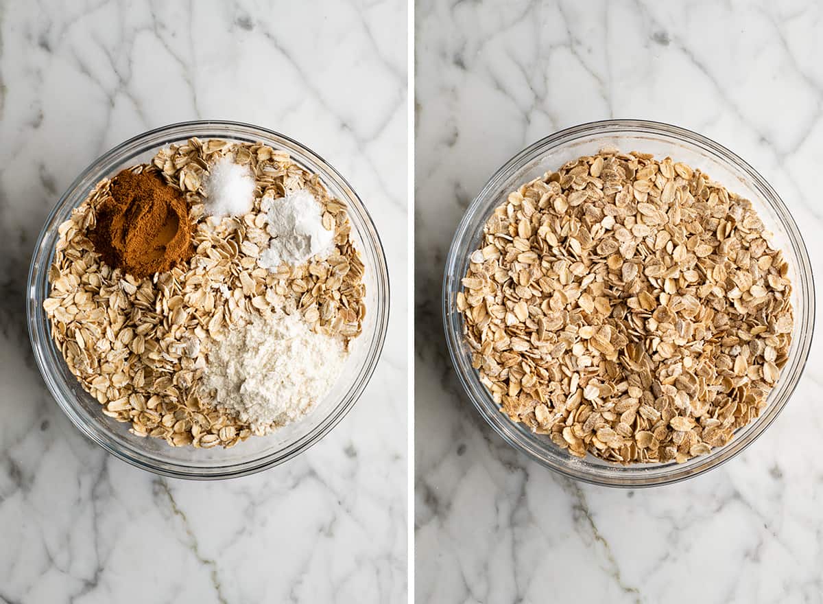 two overhead photos showing how to make baked oatmeal