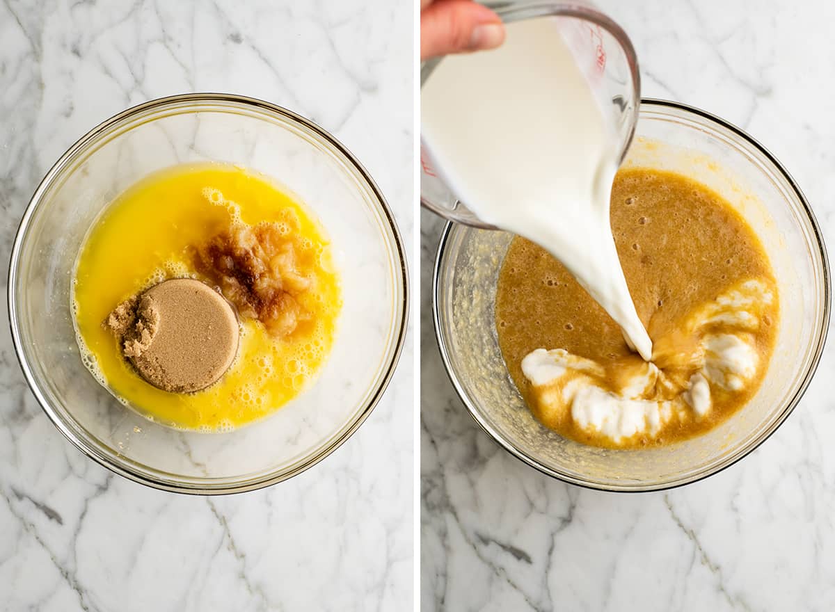 two overhead photos showing how to make baked oatmeal