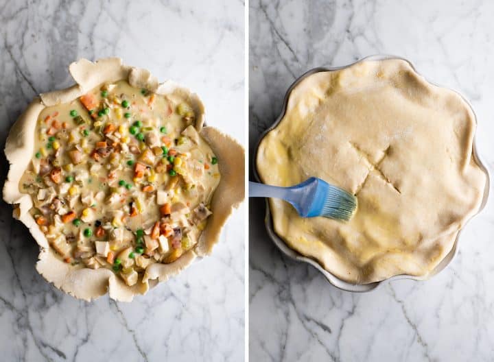 two overhead photos showing how to make chicken pot pie