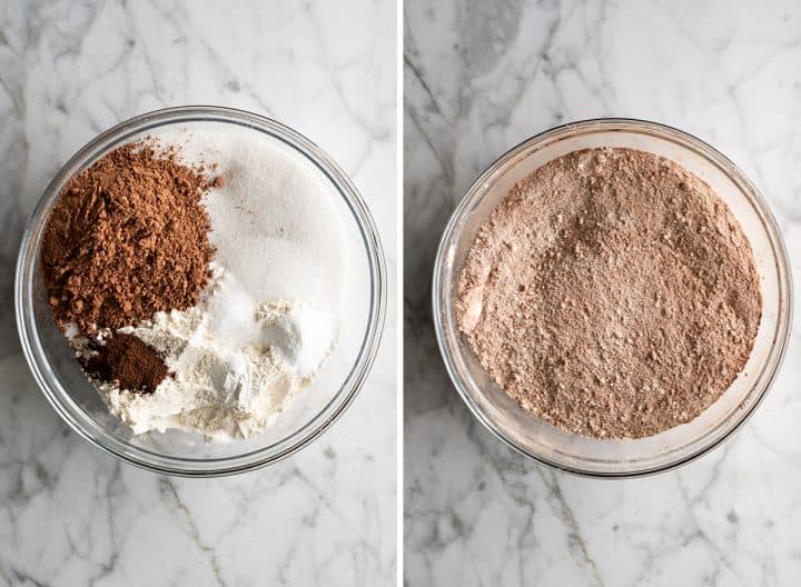 two overhead photos showing how to make chocolate cake from scratch