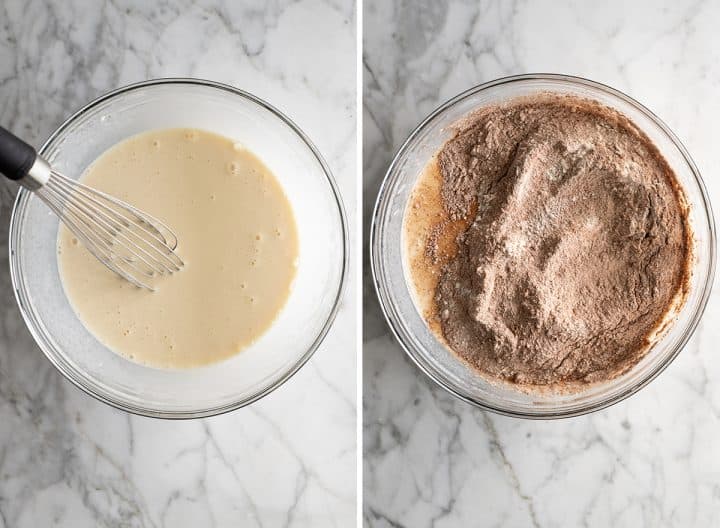 two overhead photos showing how to make chocolate cake from scratch