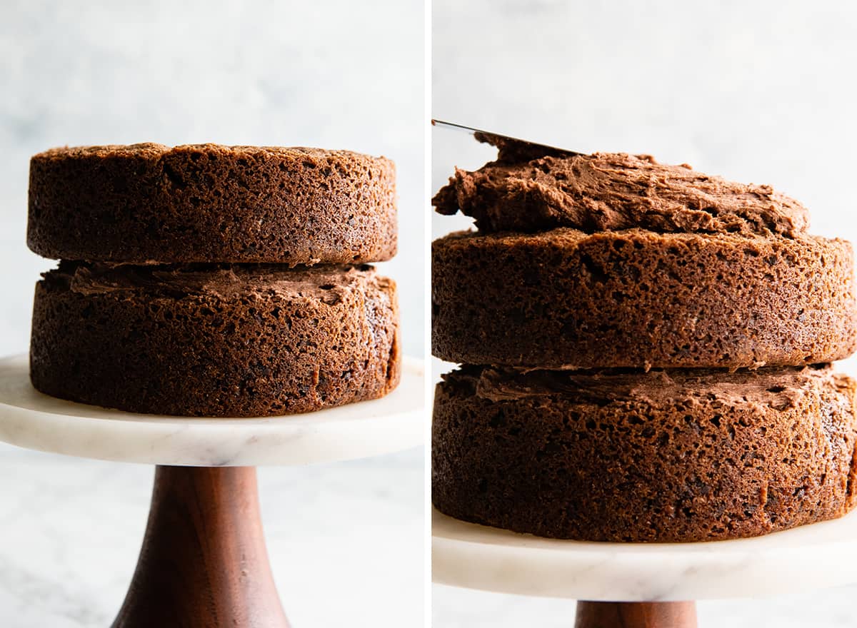 two photos showing how to make chocolate cake from scratch - frosting the cake