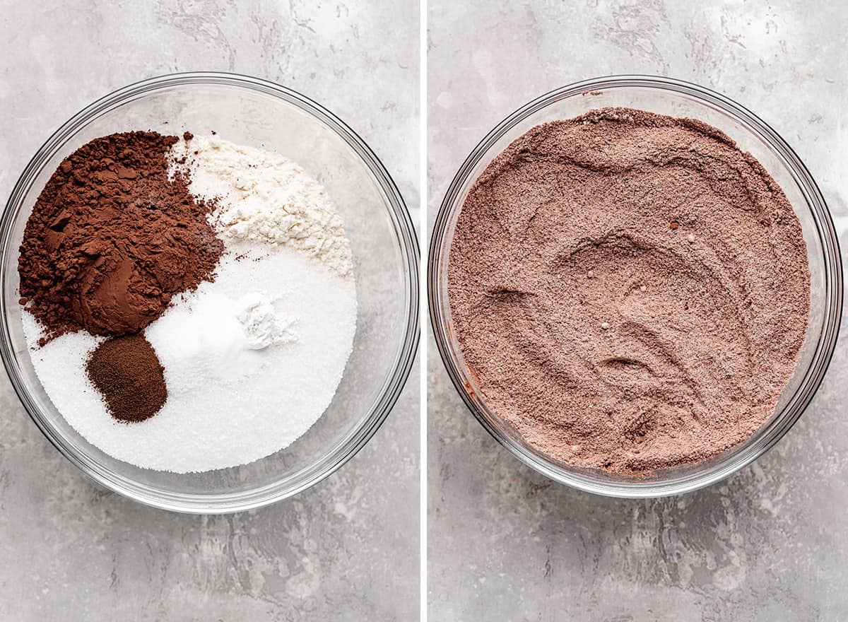two photos showing How to Make Chocolate Cake From Scratch - combining dry ingredients 