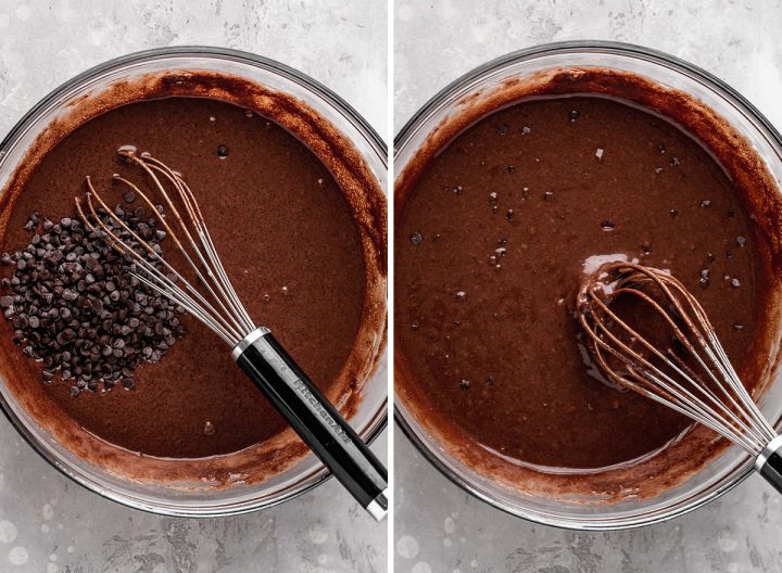 two photos showing How to Make Chocolate Cake From Scratch - adding mini chocolate chips to the batter