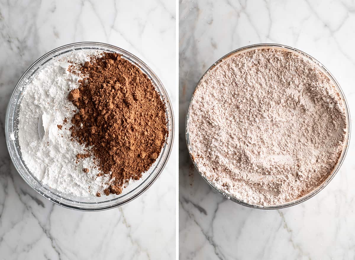 two overhead photos showing how to make chocolate frosting