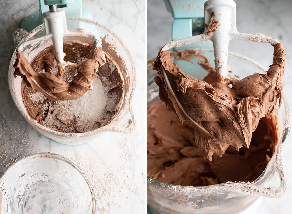 two overhead photos showing how to make chocolate frosting