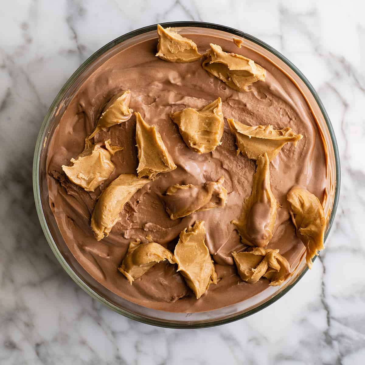 assembled Chocolate Peanut Butter Ice Cream in a glass bowl before freezing
