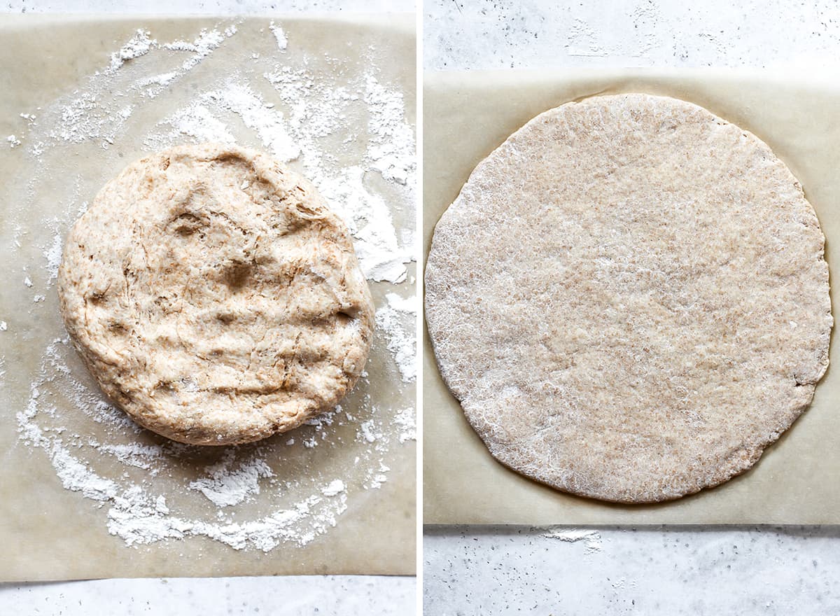 two overhead photos showing how to make whole wheat pizza dough