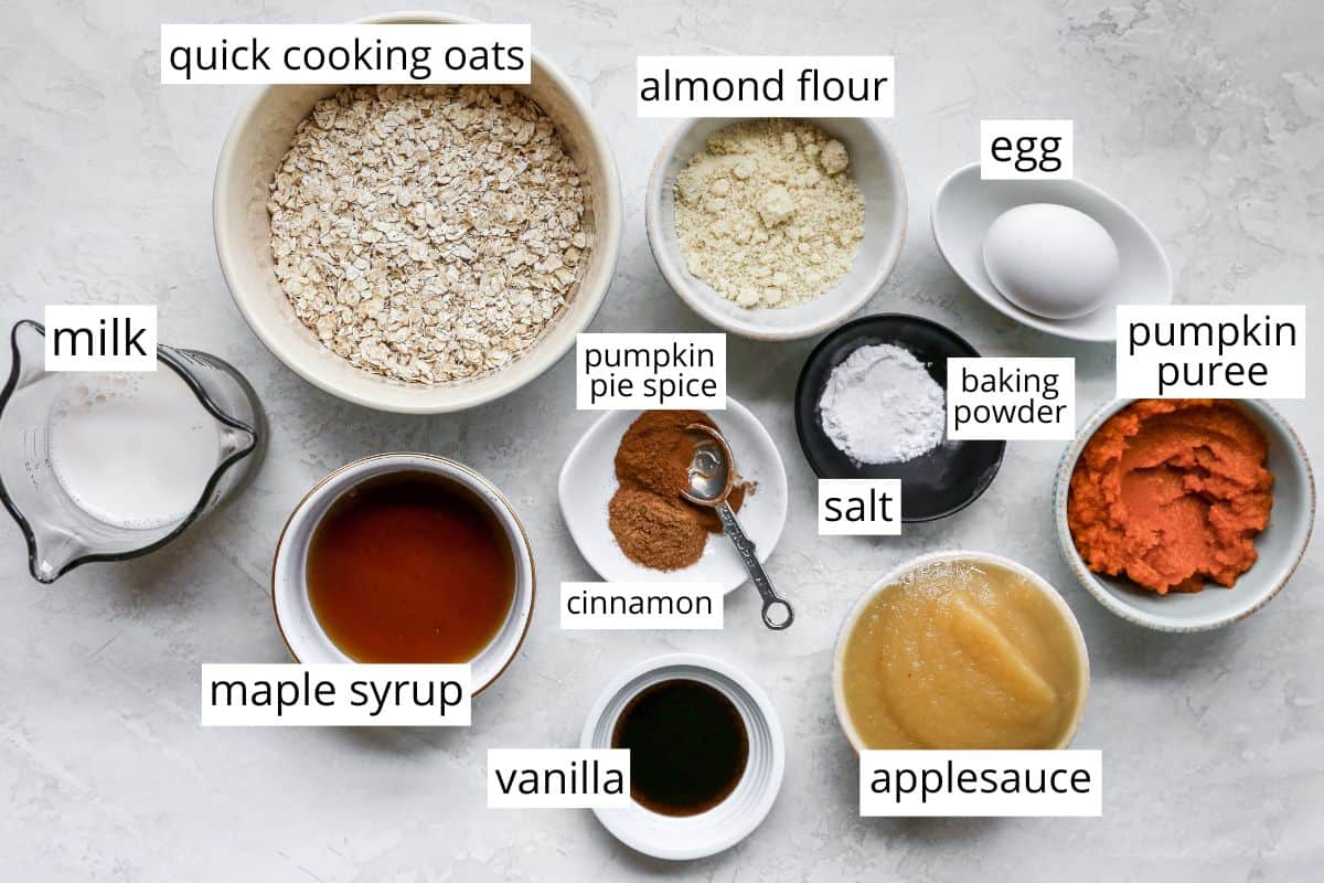 overhead photo of the labeled ingredients in this pumpkin baked oatmeal recipe