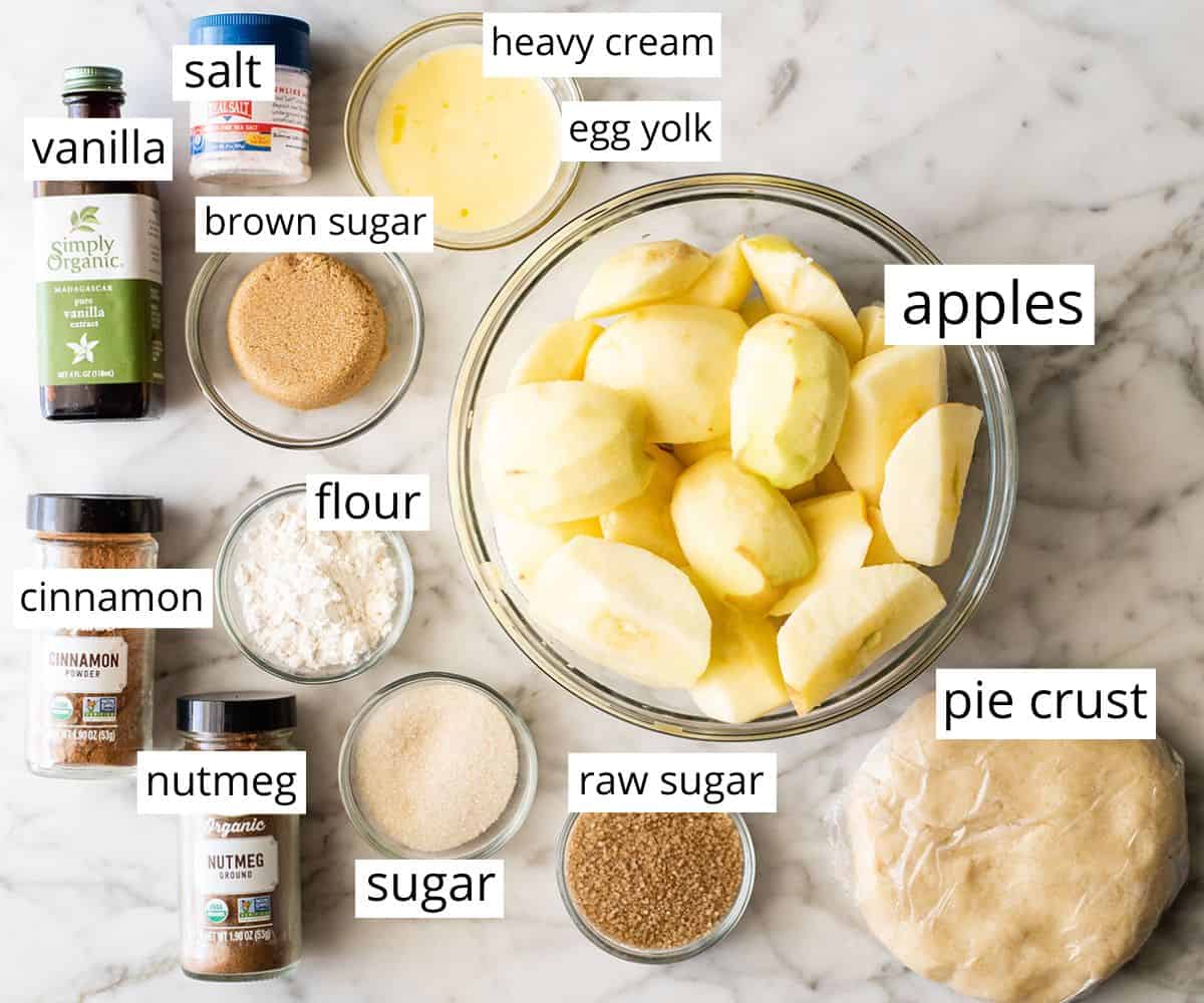 overhead photo of the labeled ingredients in this apple galette recipe