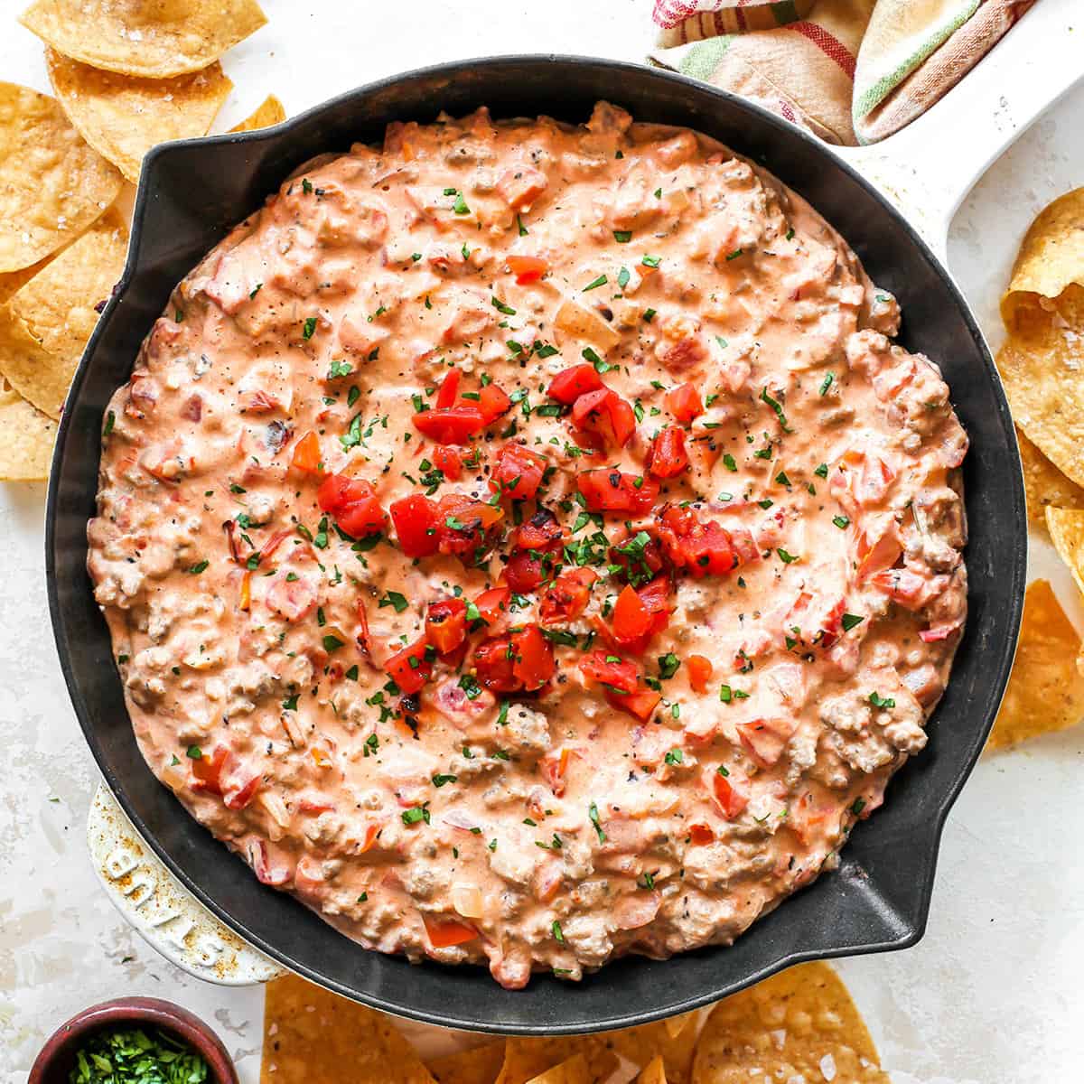 overhead view of Cream Cheese Sausage Dip in a skillet