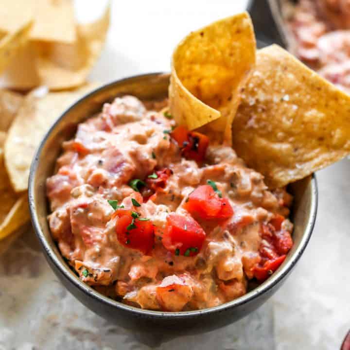bowl of Cream Cheese Sausage Dip with chips
