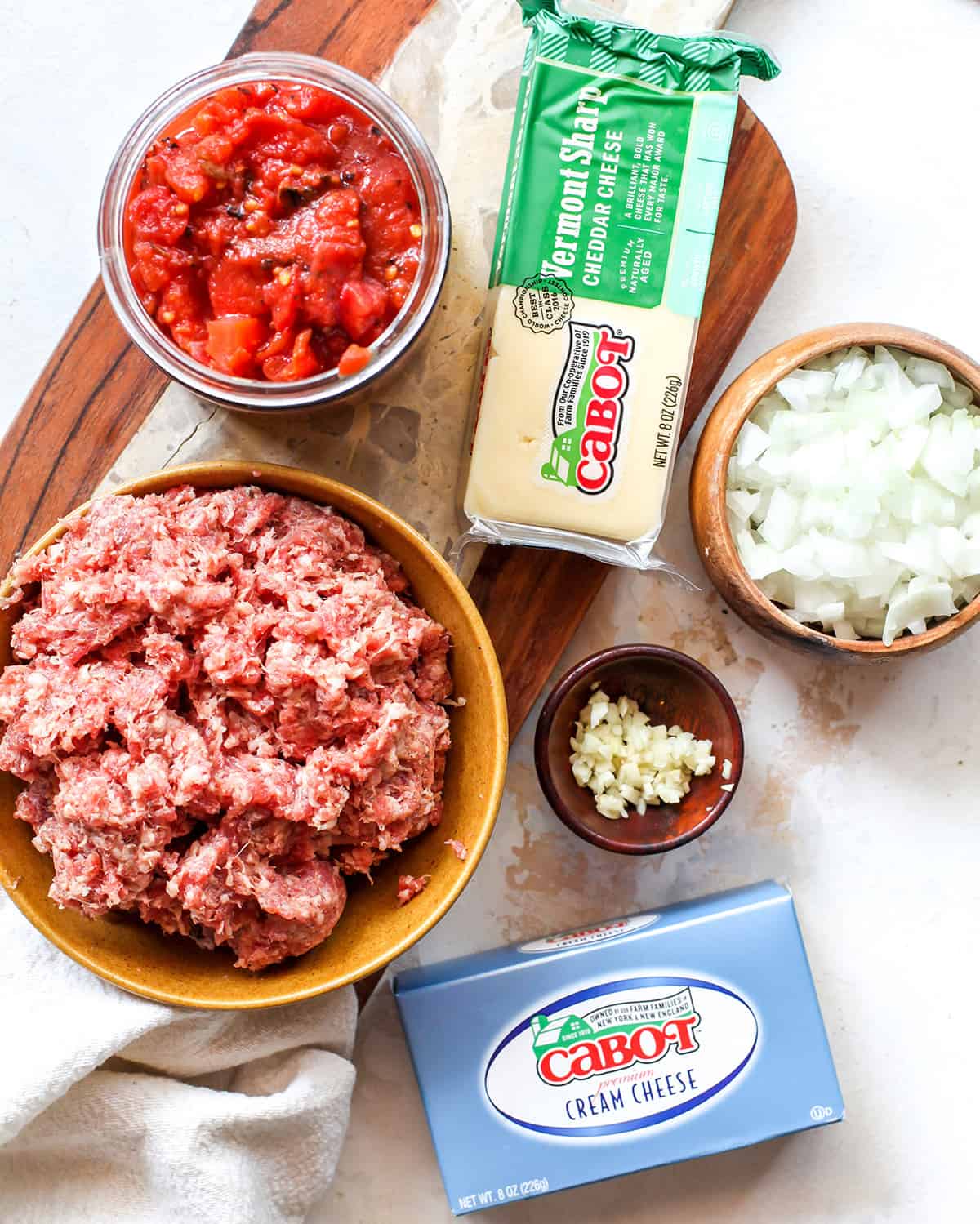 overhead view of the ingredients in this Cream Cheese Sausage Dip recipe