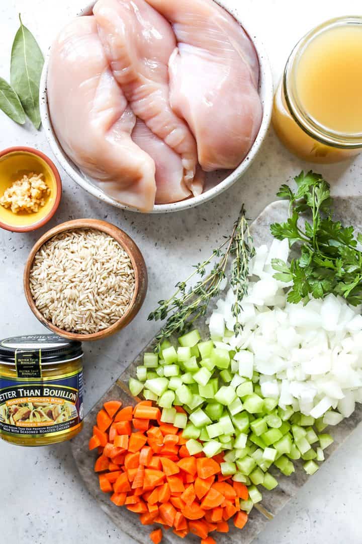 overhead view of the ingredients in this chicken rice soup recipe