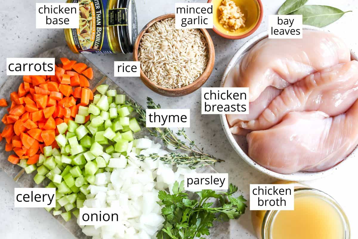 overhead view of the labeled ingredients in this chicken rice soup recipe