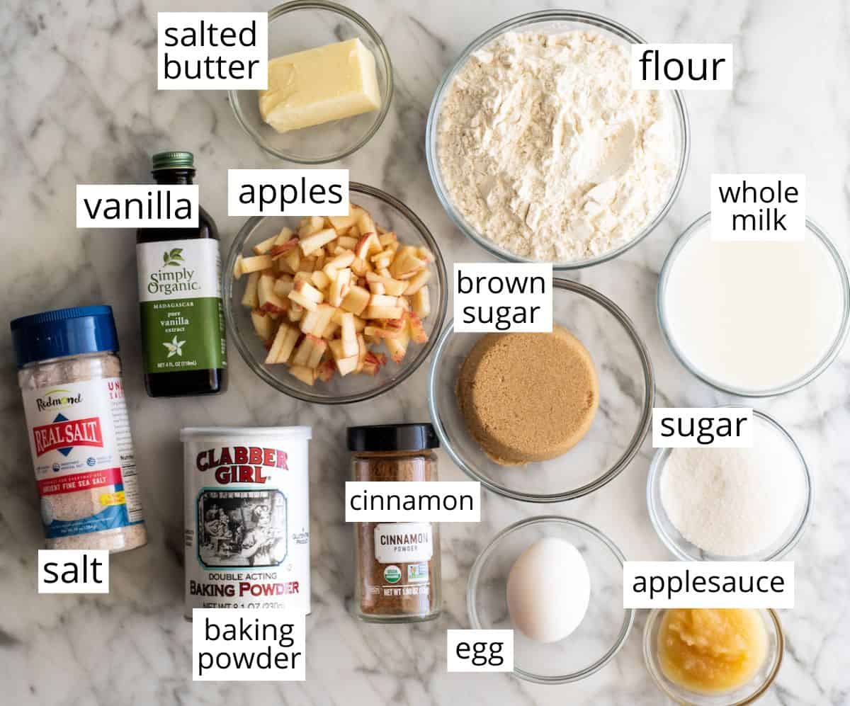 Overhead view of the labeled ingredients in this apple muffins recipe
