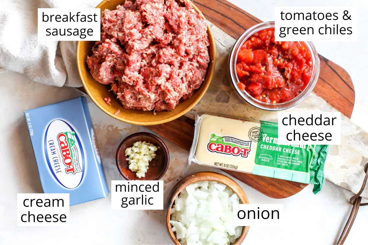 overhead view of the labeled ingredients in this Cream Cheese Sausage Dip recipe