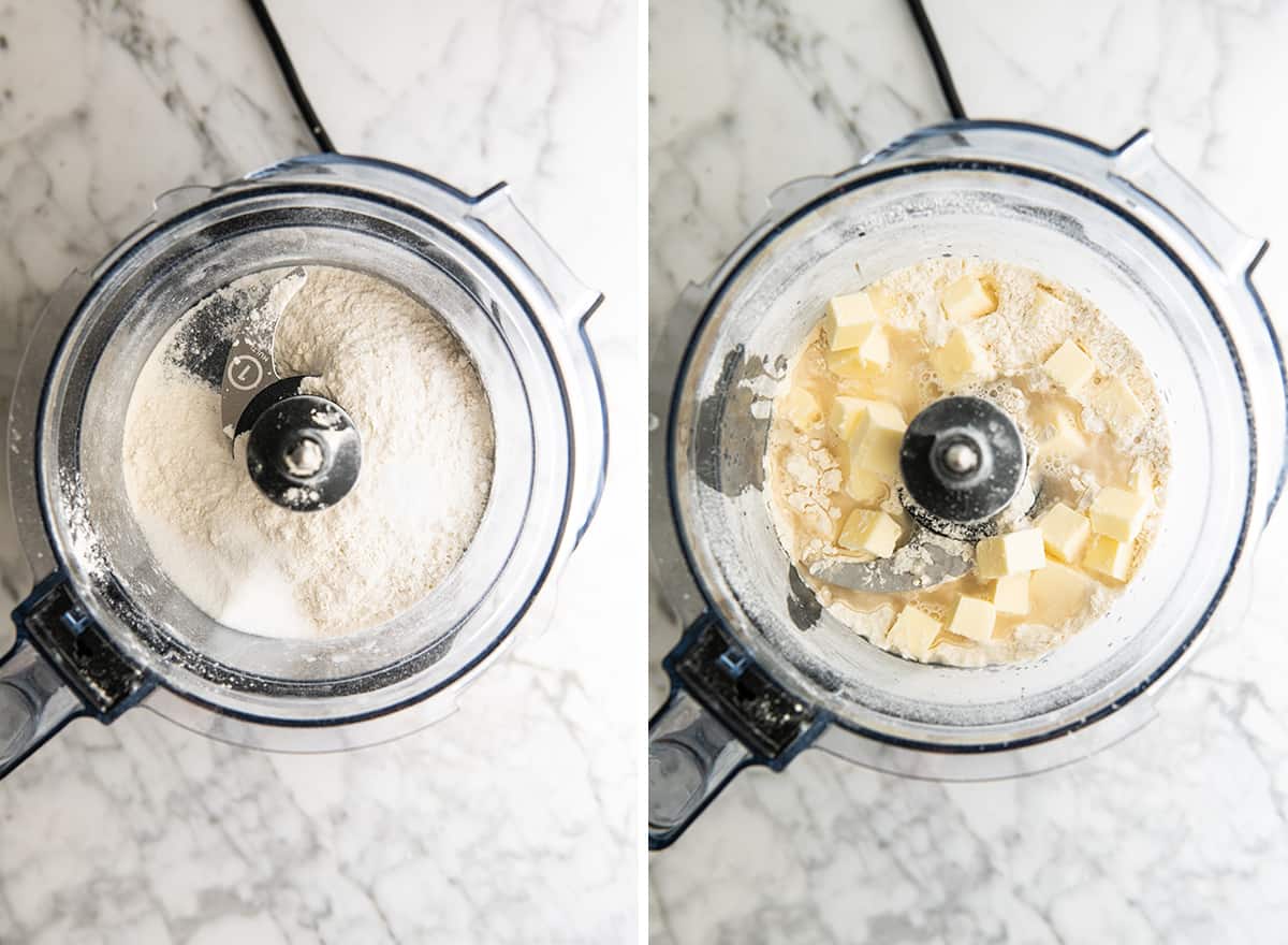 two overhead photos showing how to make a galette crust in a Vitamix food processor