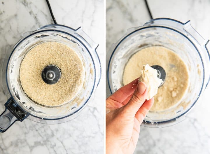 two overhead photos showing how to make a galette crust in a Vitamix food processor