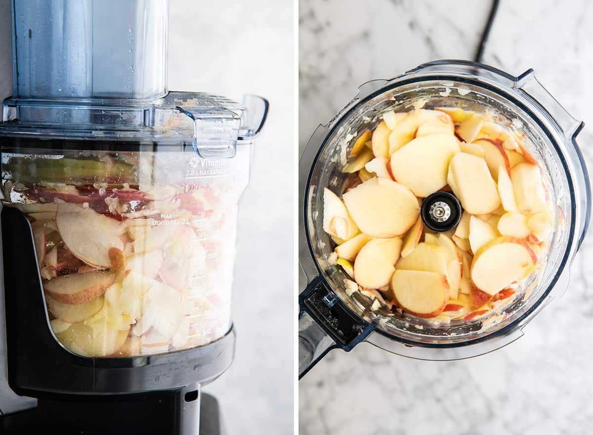 two photos showing how to use the Vitamix food processor to slice apples