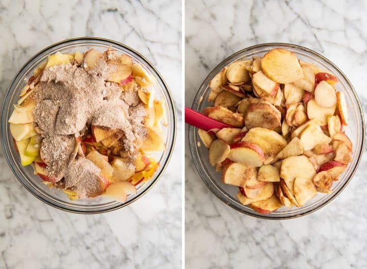 two overhead photos showing how to make the apple galette filling