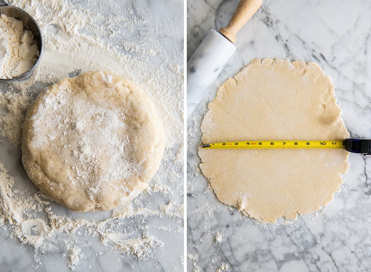 two overhead photos showing how to make a galette crust