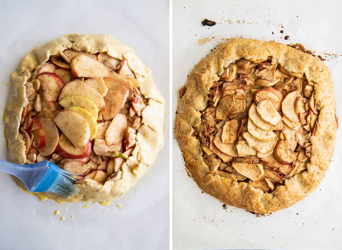 two overhead photos showing how to make an apple galette