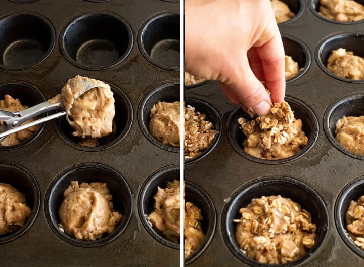 two photos showing how to make cinnamon apple muffins