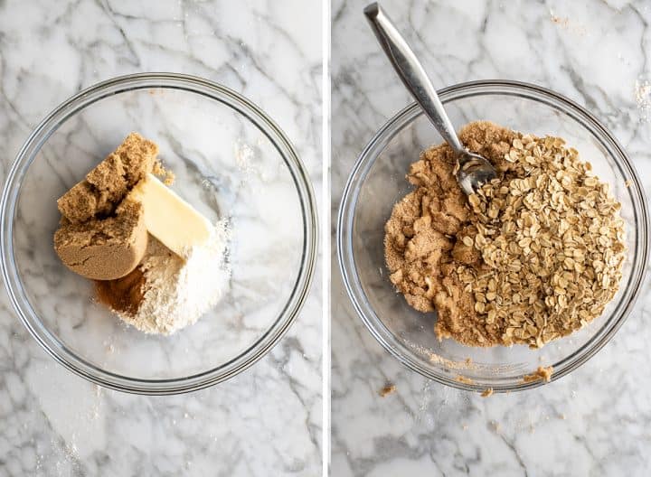 Two overhead photos showing how to make Cinnamon Apple Muffin Crumb Topping