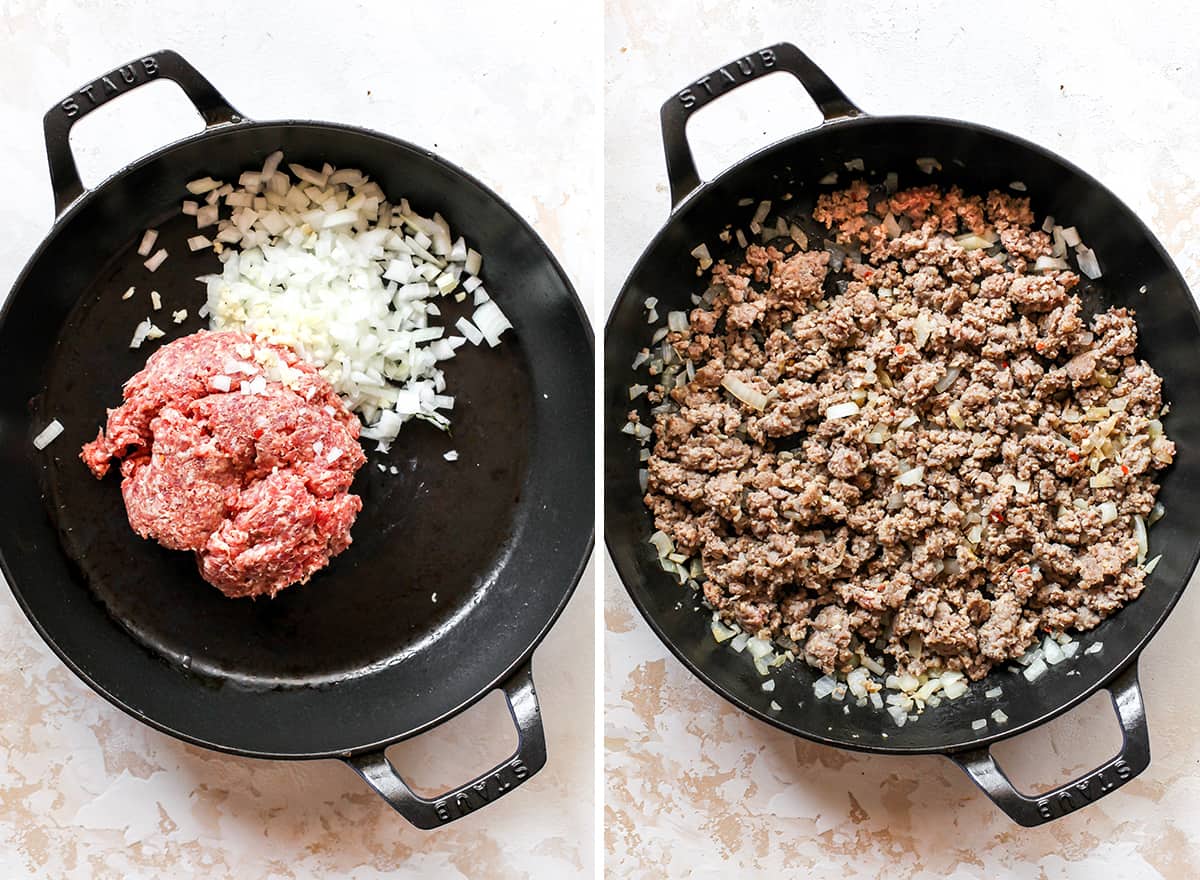 two overhead photos showing how to make sausage dip