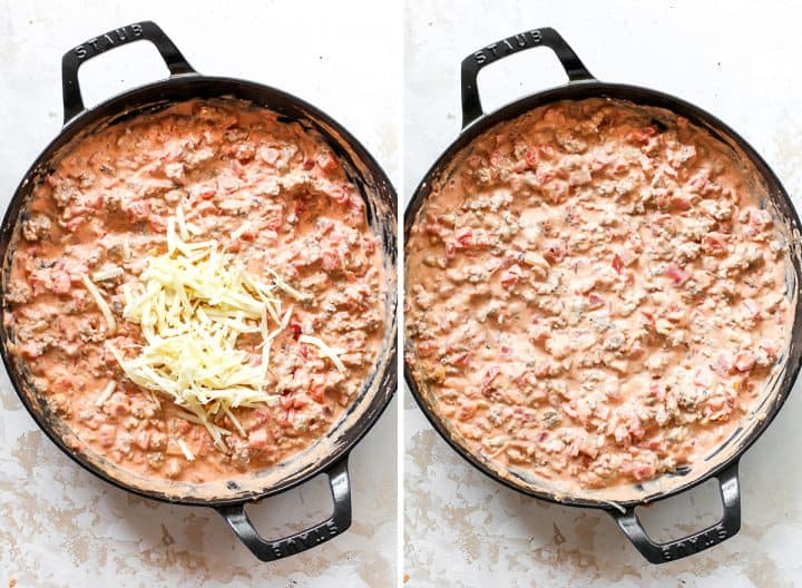 two overhead photos showing how to make Cream Cheese Sausage Dip