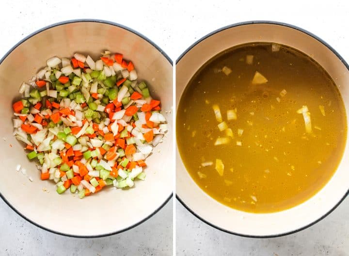 two overhead photos showing how to make chicken and rice soup