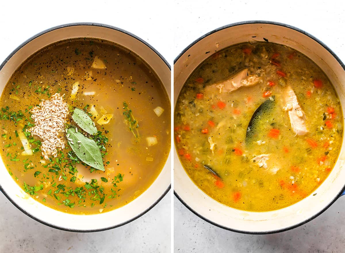 two overhead photos showing how to make chicken and rice soup