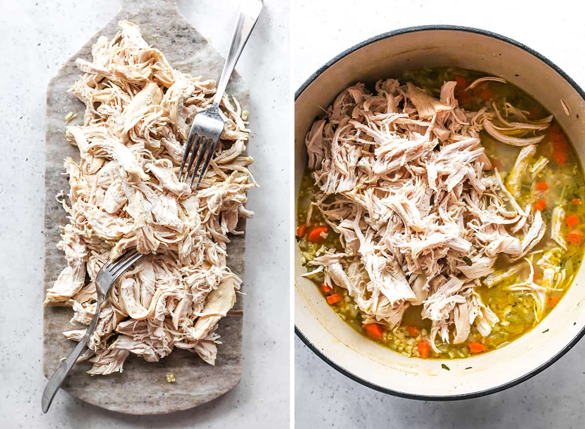 two overhead photos showing how to make chicken rice soup