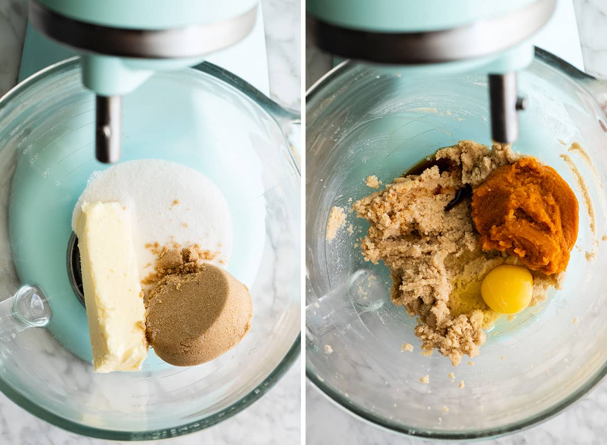 two overhead photos showing how to make Pumpkin Chocolate Chip Cookies
