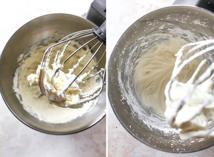 two overhead photos showing how to make cream cheese frosting for this Pumpkin Cake recipe