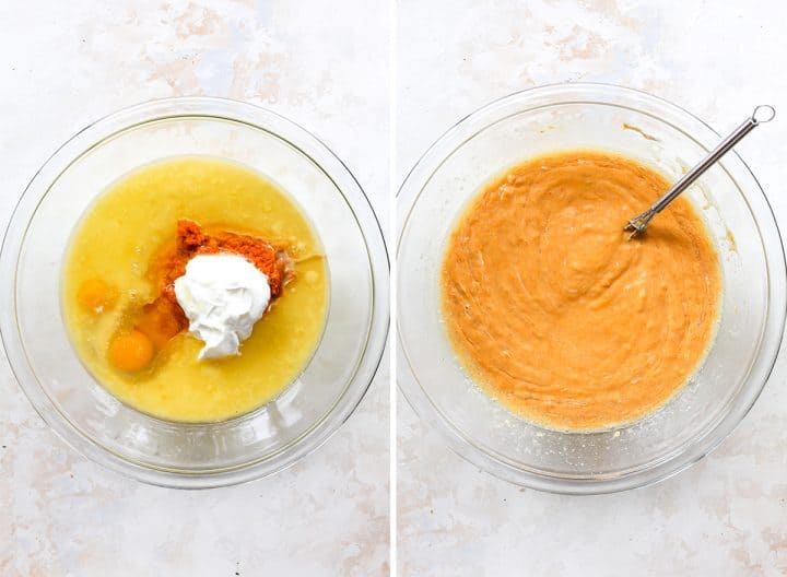 two overhead photos showing how to make Pumpkin Cake from scratch