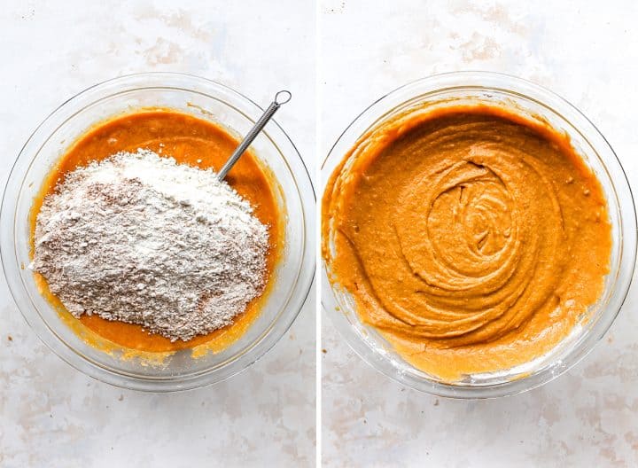 two overhead photos showing how to make this Pumpkin Cake recipe