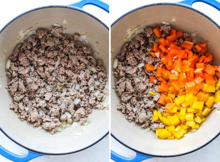 two overhead photos showing how to make turkey chili