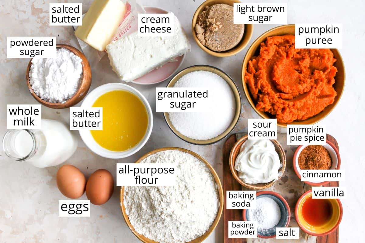 overhead view of the labeled ingredients in this Pumpkin Cake recipe