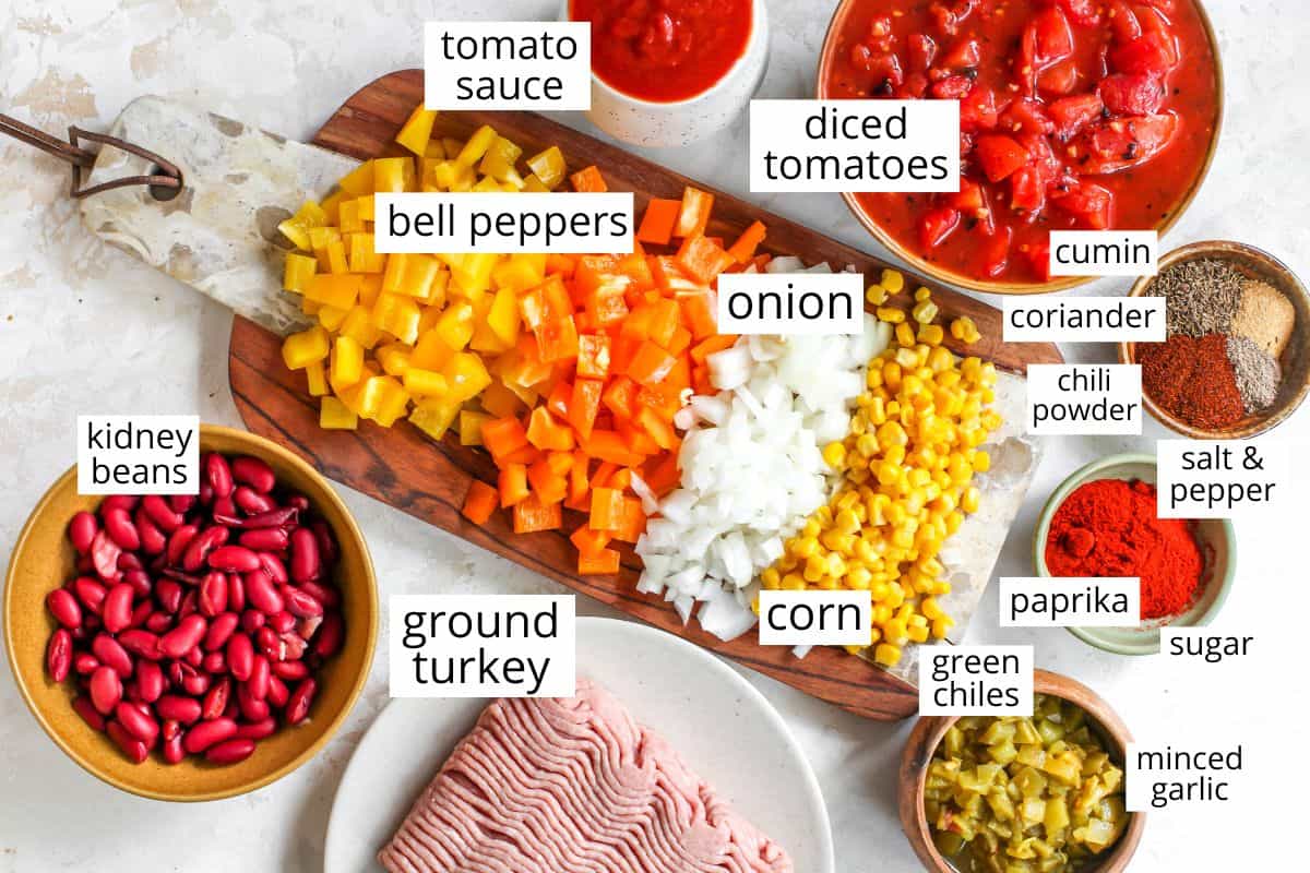 Overhead view of the labeled ingredients in this turkey chili recipe