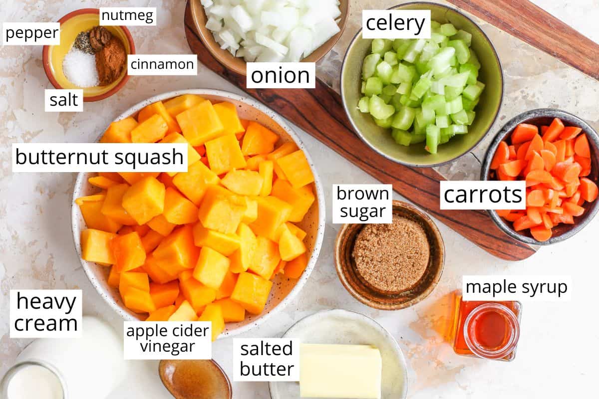 overhead view of the labeled ingredients in this butternut squash soup recipe