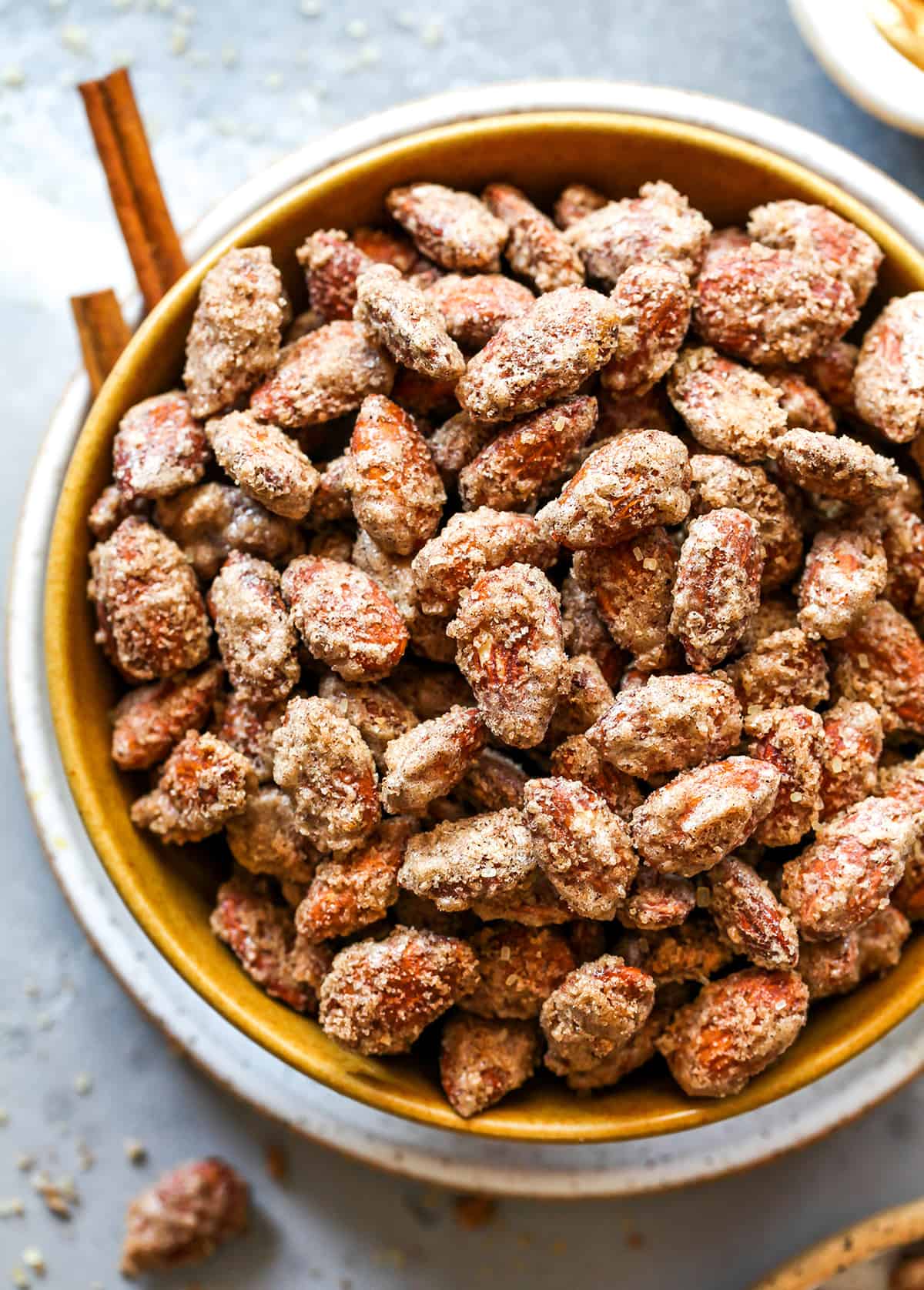 overhead view of a bowl of candied almonds